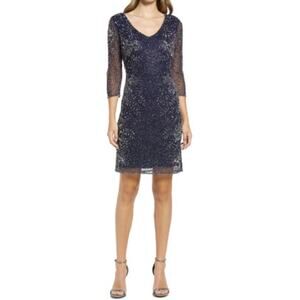 PISARRO NIGHTS NORDSTROM Women's Navy Beaded V-Neck Cocktail Dress Size 14